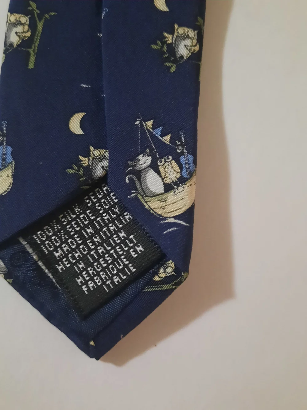 Charleston Tie Rack Navy Blue 100% Silk Whimsical Owl & Moon Print Men's Tie